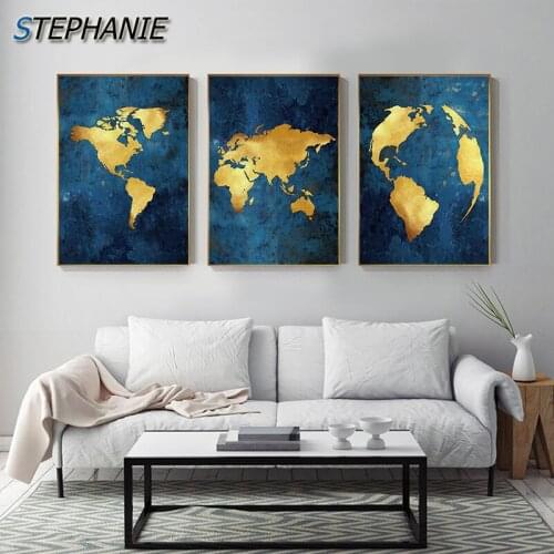 Abstract Golden Map Wall Art Luxury Canvas Painting Navy Blue Posters and Prints Wall Pictures F Living Room Fashion Home Decor
