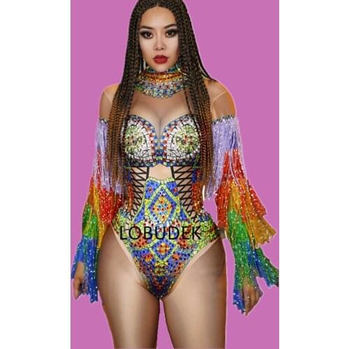 Multi-color Tassel Glisten Crystals Bodysuit Fringe Sleeve Rhinestones Tights Stage Wear Bar DJ Sexy Singer Dancer Dance Costume