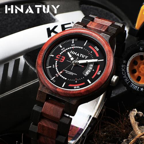 HNATUY Mens Watches Wooden Watch Male Fashion & Casual Quartz Wristwatches Man Watches Complete Calendar Bracelet Mens Watches