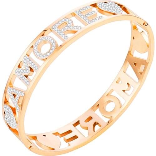 Gold Silvery Stainless Steel Jewelry Women Wide Bangles White Crystal Heart Letters Roman Thick Cuff Bracelets Gift 2021 New