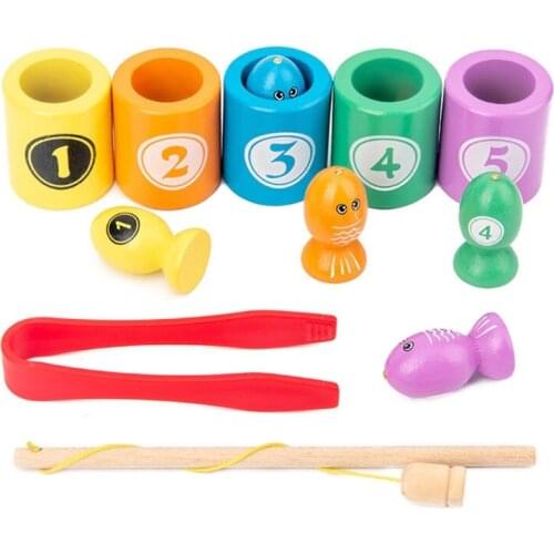 Wooden Block Magnetic Fishing Toy with Fishing Rod Interactive Color Sorting Number Cognition Toy Kid Toddler Party Gift