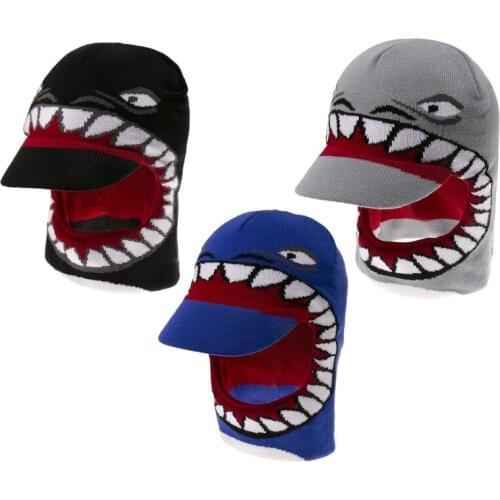 Kids Boy Winter Knitted Beanie Hood Hat with Windproof Visor Cartoon Shark Stretch Hip Hop Earflap Scarf Cap Neck Warmer