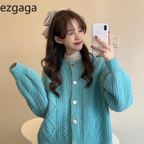 Ezgaga Sweet Casual Women Cardigan Korean Fashion Loose Vintage Lantern Sleeve Outwear Knitted Sweater Solid All-Match Tops