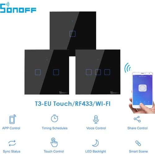 Itead Sonoff T3 EU 86 Size 1/2/3 gang Wall WIFI Light Switch,Touch/RF433 mhz/WIFI Remote Control, Works With Alexa Google Home