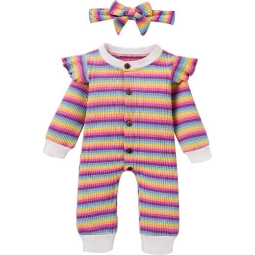2021 Baby Girl Outfit Striped Long Sleeve Ruffle Romper Headband 2Pcs Newborn One Pieces Clothing