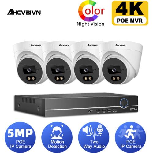 Two Way Audio Color Night Vision POE Monitoring Security Cameras Set 5MP Outdoor CCTV Video Surveillance System 4ch 4K NVR Kit