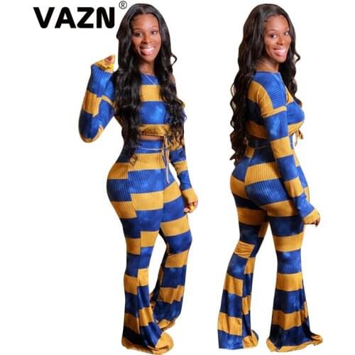 VAZN 2020 Autumn Hot Knit Set Striped Patchwork Sexy Daily Full Sleeve High Waist Group Long Flare Pants Slim Women 2 Piece Set