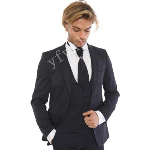 Handsome Groomsmen Peak Lapel Groom Tuxedos Mens Wedding Dress Man Jacket Blazer Prom Dinner (Jacket+Pants+Tie+Vest) A166