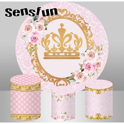Pink Flower Gold Crown Princess Girl Baby Shower Newborn Birthday Party Round Backdrop Cover Circle Background Plinth Covers