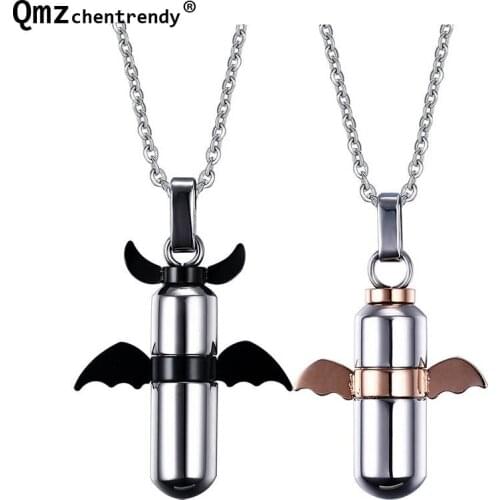 New Titanium Steel Storage Angel wings Pill Perfume Bottles Necklace Cylinder Tube Ashes Urn Cremation Keepsake Love Jewelry