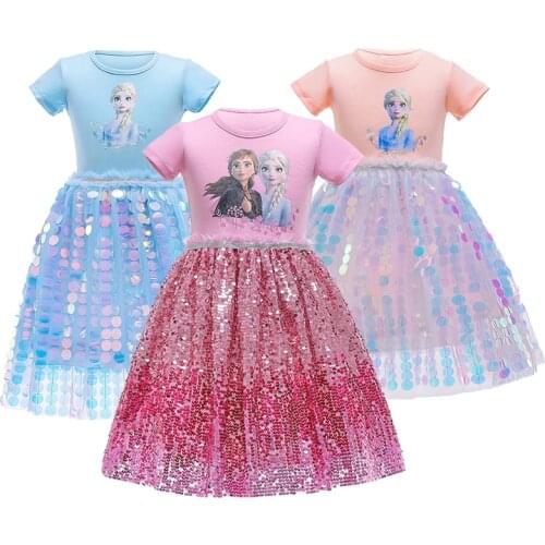 Children Elsa Anna Sequin Dress Kids Girl Blinblin Flower Print Cotton and Linen Floral Dress Baby Spring Summer Dresses for Gir