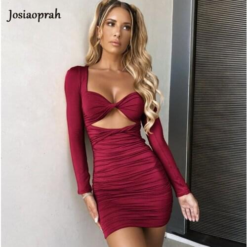 Josiaoprah Sexy Party Dress Women V Neck Hollow out Summer Long sleeve Dresses Club Backless Slim Bodycon Dress Vestidos