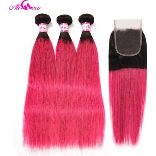 Ali Coco Brazilian Straight Hair 3 Bundles With Closure Pink Color 10-30 Inch 100% Human Hair Bundles With Closure Remy Hair