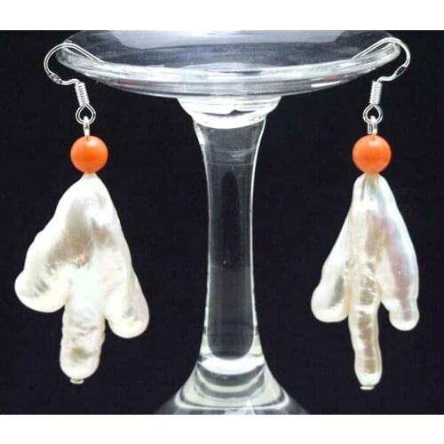 Qingmos Genuine 20*30mm Baroque Chicken Toe Freshwater White Pearl Earring for Women with Pink Coral Dangle Earring Jewelry e513