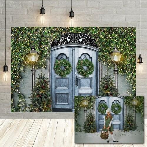 Avezano Christmas Photography Background Red Wood Door Green Leaves Shining Light Baby Portrait Decor Photo Studio Photocall