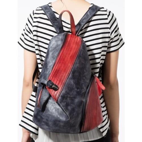 Fashion Genuine Leather Backpack Rucksack for Women School Book Bags Patchwork Brush Color Travel Bag Cowhide Daypack Knapsack