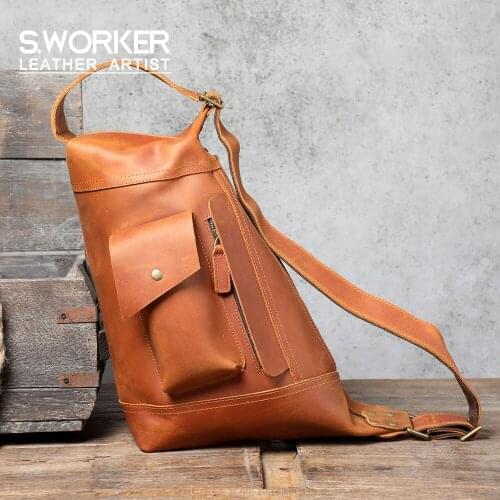 S.WORKER Vintage Genuine Leather Mens Shoulder Bag Casual Crossbody Bag Cowhide Classic Crazy Horse leather Bag