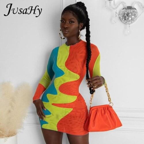 JuSaHy Mesh Patchwork Mini Dress for Women Fashion Long Sleeves See Through Slim Bodycon Dress Summer Midnight Party Cluwear New
