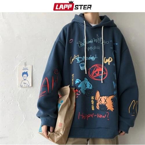 LAPPSTER Men Graffiti Harajuku Sweatshirts 2020 Mens Korean Fashions Streetwear Hooded Hoodie Couple Winter Hip Hop Clothing