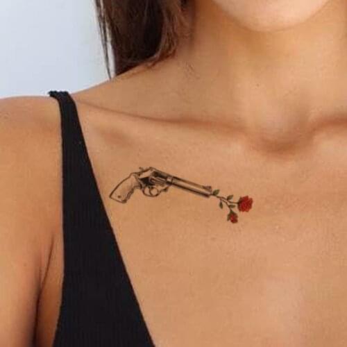 Waterproof Temporary Tattoo Sticker Black Sanskrit Totem Red Rose Gun Design Fake Tattoos Flash Tatoos Arm Body Art Women Men