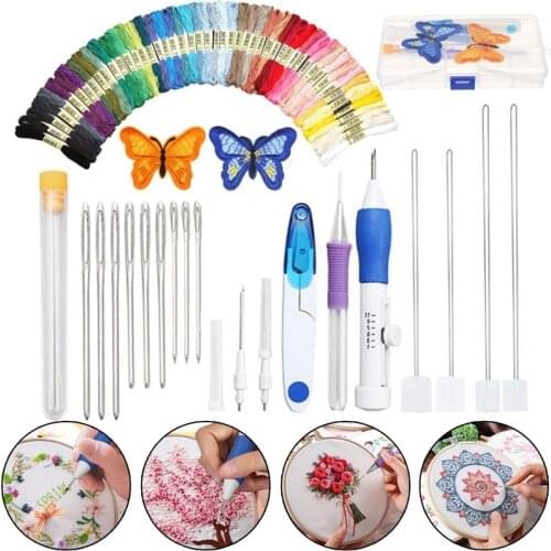 Magic DIY Embroidery Pen Knitting Sewing Tool Kit Punch Needle Set w/50 Threads Plastic+Steel Home Decoration Ornaments