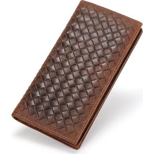 Knitting Genuine Cowhide Leather Men Wallets Fashion Purse With Card Holder Vintage Long Wallet Clutch Wrist Bag