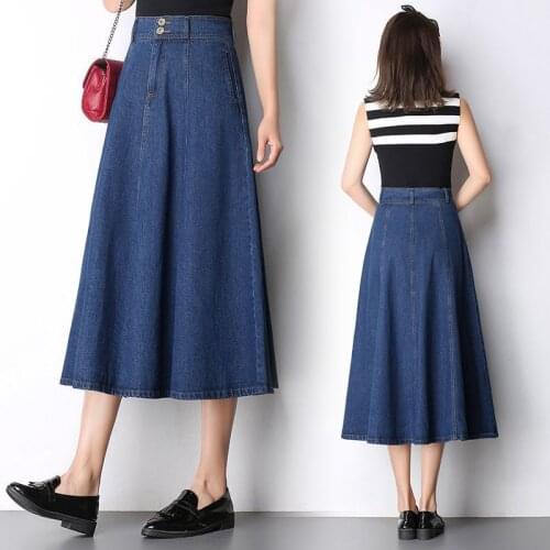 Womens Denim Skirt High Waist Button Zipper Korean Style Elegant Loose Good Elastic Leisure A-Line Ladies Summer Long Skirts