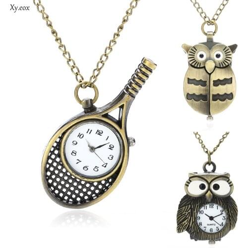 Womens Vintage Owl Tennis Racket Quartz Pocket Watch Necklace Pendant Gift