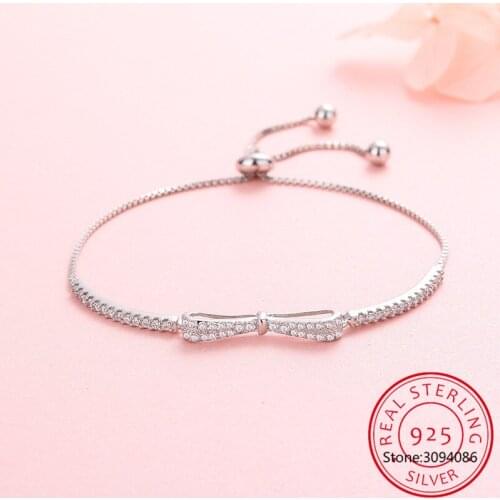 2021 New 925 Sterling Silver Adjustable Chain Crystal Bowknot Charm Bracelet &Bangle For Women Elegant Wedding Jewelry sl067