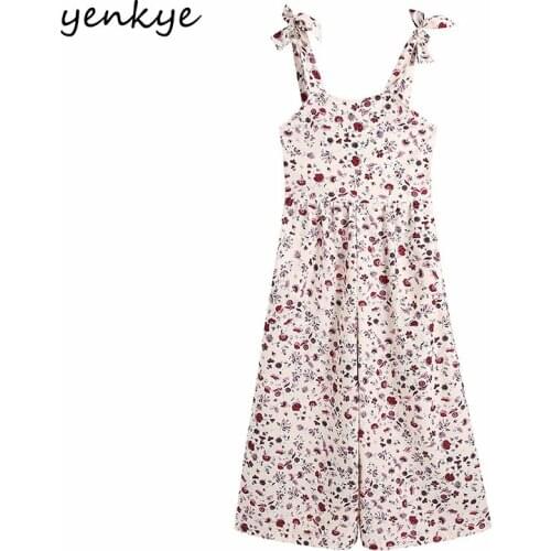 YENKYE Soft Floral Print Jumpsuit Women Tie Shoulder Sleeveless Overalls Female Casual Summer Romper Sexy Backless monos mujer