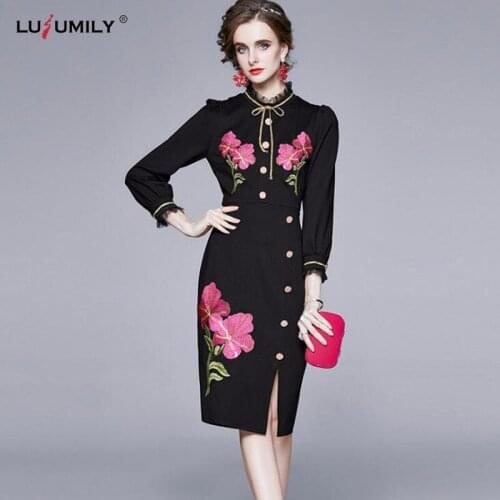 Lusumily Winter Women Embroidery Dress Black Female Elegant Office Pencil Robe Female Fashion Vintage Slim Girl Party Dresses
