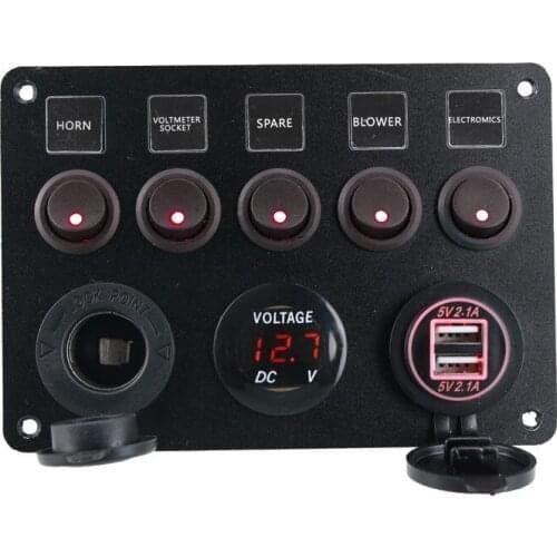 5 Gang Switch Panel Digital Voltmeter Dual USB Port 12V Cigarette Light Outlet Combination Waterproof Car Marine Boat LED Rocker