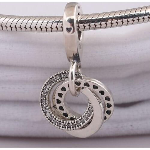 Authentic S925 Silver Interlocking Circle Openwork Heart With Crystal Pendant Charm for Women Bracelet Bangle Jewelry