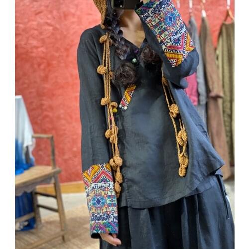 2021 New Blouse Retro Women Casual Patchwork Tops Women V-Neck Button Cotton and Linen Shirt Vintage Blouse