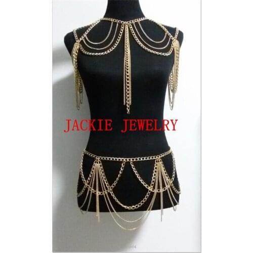 FREE SHIPPING NEW STYLE B709 Women Fashion Gold Chains Layers Shoulder Waist Belly Body Chains Jewelry 3 Colors