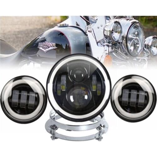 Chrome 7 inch LED Headlight with 4.5 inch Matching Black Passing Fog Lamps for Harley Motorcycles Softail Slim Deluxe Fatboy