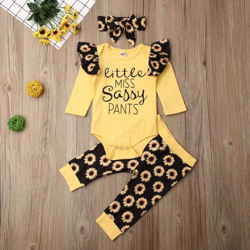 2020 Infant Baby Girl Outfit Sunflower Romper Pants Breathable Headband Fall Autumn Winter Cotton Clothes Set 0-18M ropa bebe