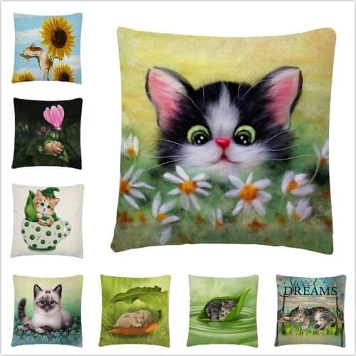 Cat Resting In Flowers Cartoon Pattern Linen Cushion Cover Pillowcase Home Sofa Car Decoration Pillowcase 45X45 Cm