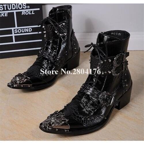 Men Luxury Fashion Metal Pointed Toe Pattern Black Leather Lace-up Short Boots Buckle Low Heel Men Ankle Booties Winter Shoes