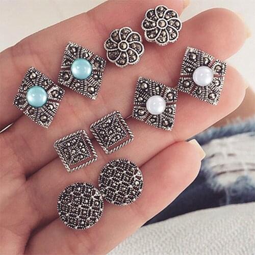 KISSWIFE Bohemian Carved Stud Earrings Set Fashion Jewelry Vintage Blue Opal Antique Silver Color Geometric Earrings for Women