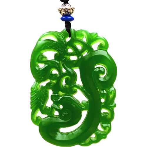 Natural Green Nephrite Necklace Pendant Patron Saint Pendant Dragon and Phoenix Double-sided hollow engraving Sweater Chain
