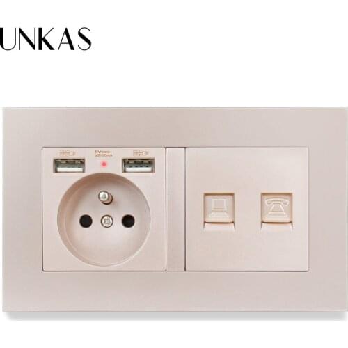 UNKAS PC Plastic Panel French Socket With Dual USB Charge Port + 2 Core RJ45 Internet Computer Jack And RJ11 Telephone Connector