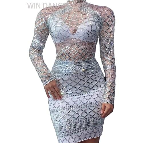 Slim Fit Silver Sequins Rhinestone Dress Women Birthday Festival Sexy Costume Prom Celebrate Bling Mirrors Evening anniversary