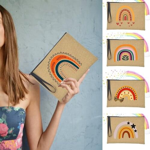 Rainbow Star Women Clutch Cases Bag Cosmetic Tote Lipstick Storage Fashion Casual Zipper Travel Linen Handbag Wrist Bag Gifts