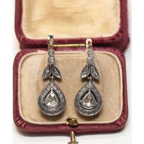 OLD ORIGINAL VINTAGE 8K GOLD NATURAL ROSE CUT DIAMOND DECORATED PRETTY EARRING