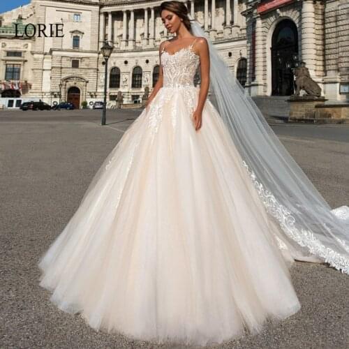 LORIE Ball Gown Wedding Dress Appliques Lace with Tulle Bride Dresses Backless Spaghetti Straps Court Train vestido de noiva