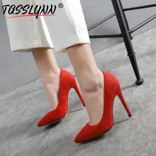 TASSLYNN 2019 Red Women Heels Party Super High Basic Pumps Women Shoes Flock Pointed Toe Slip-On Shoes Woman Big Size 34-43