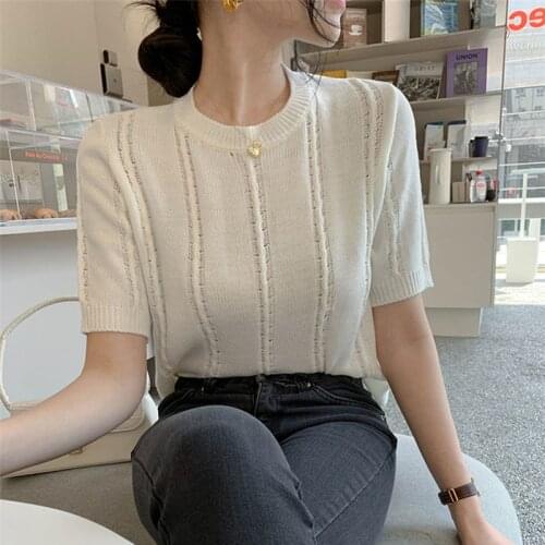 All-Match Vintage Hallow Out Knitting Women T-Shirt Summer 2021 Korean Fashion White Short Sleeve Casual Tops Femme