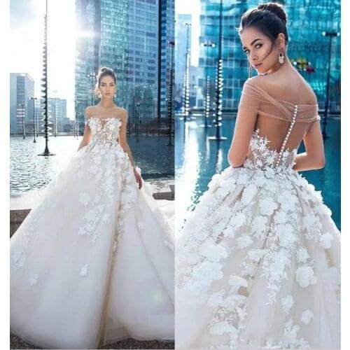 Vintage A Line Wedding Dresses Off Shoulder Keyhole 3D Flowers Lace Appliques Open Back Wiht Button Chaple Train Plus Size