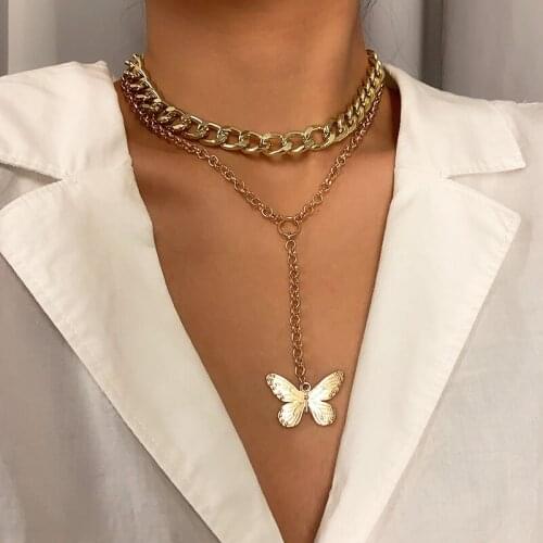 Vintage Punk Alloy Butterfly Long Pendant Necklace Women Fashion Creative Geometric Thick Chains Necklace Pendants Jewelry